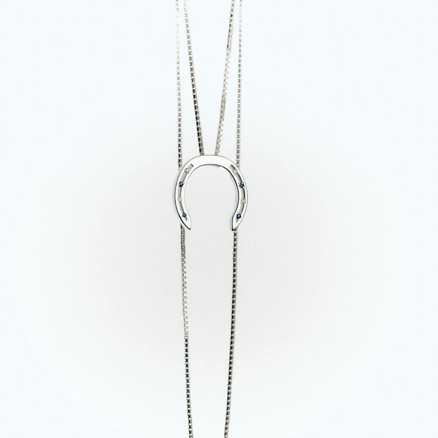 A delicate silver necklace with a horseshoe pendant, featuring small diamonds and sapphire blue stones embedded in the design. The chain is elegantly draped, with a clasp visible at the bottom, set against a light background.