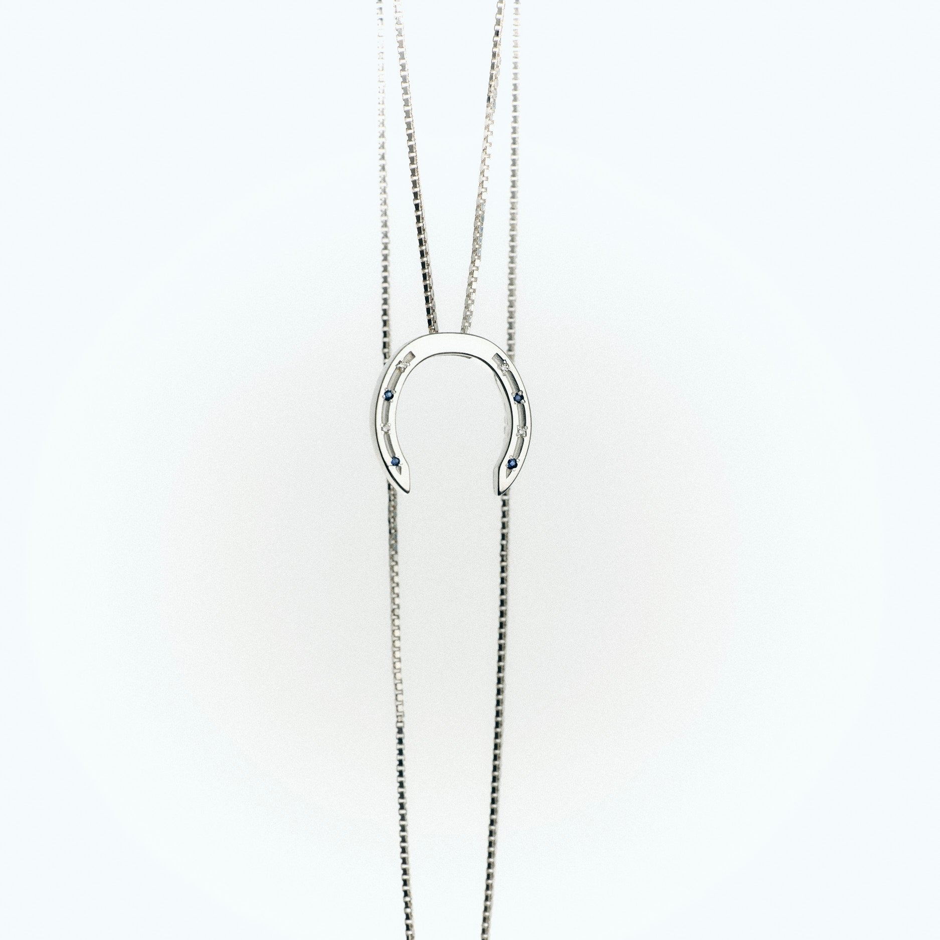 A delicate silver necklace with a horseshoe pendant, featuring small diamonds and sapphire blue stones embedded in the design. The chain is elegantly draped, with a clasp visible at the bottom, set against a light background.