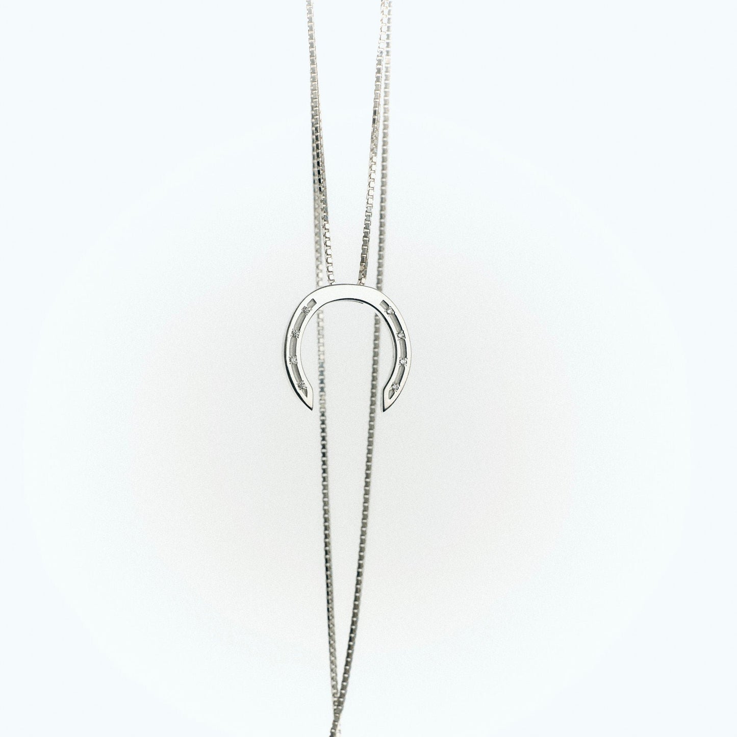 A delicate silver necklace with a horseshoe pendant, featuring small diamonds embedded in the design. The chain is elegantly draped, showing a clasp at the bottom, set against a light background.